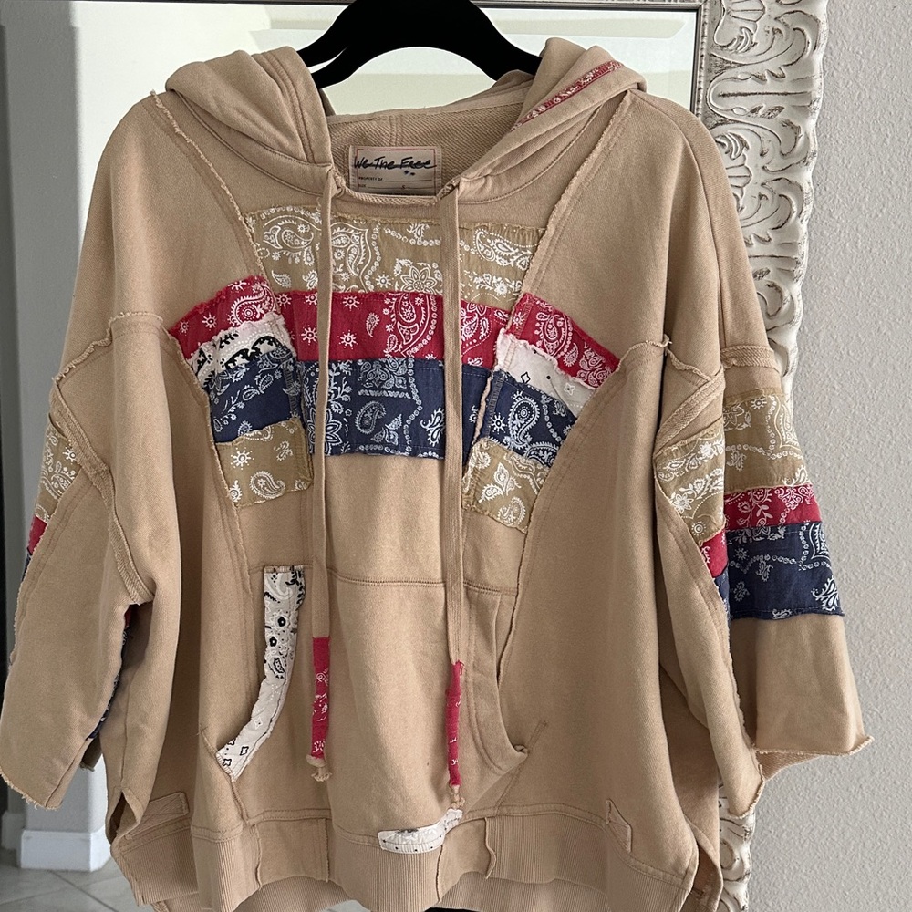 Free People Heritage Beige Hoodie with Red, Navy & White Bandana Panels
